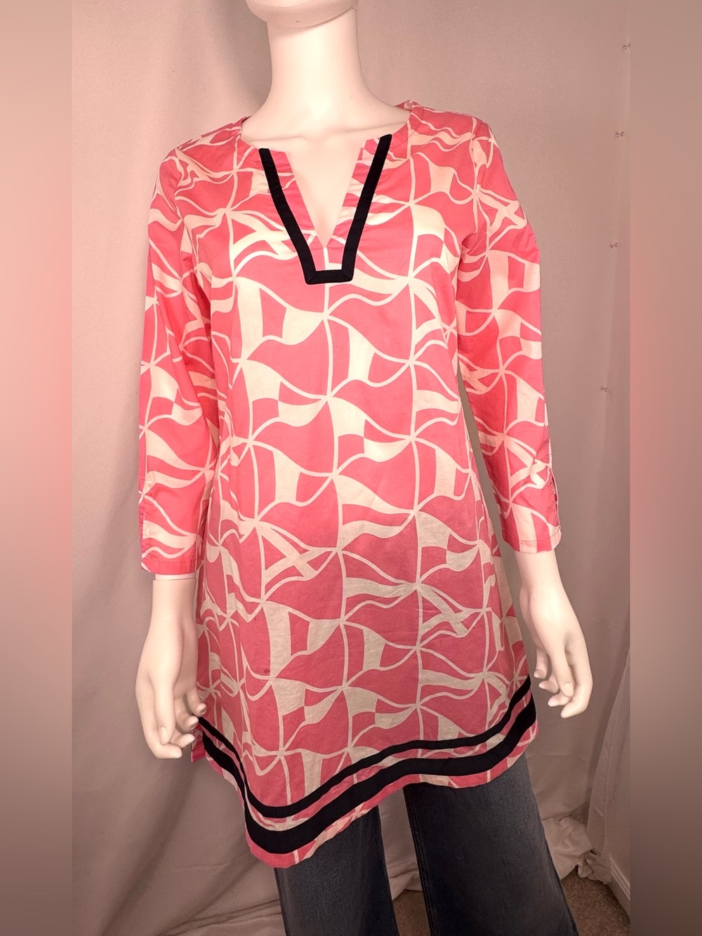 Vineyard Vines Pink Geometric V-Neck Cotton Swim Cover-Up Tunic Size S